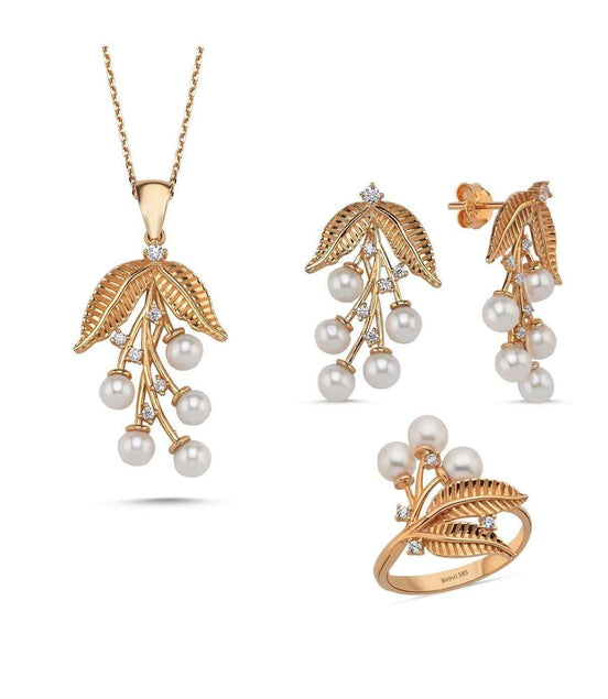 Zeytin Dalı Doğal İncili Küpe Kolye Yüzük Üçlü Set | | Birinci1926