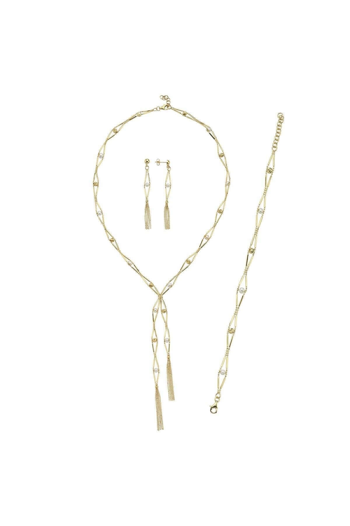 Slice of Baklava Doğal İncili Küpe Kolye Bileklik Üçlü Set | | Birinci1926