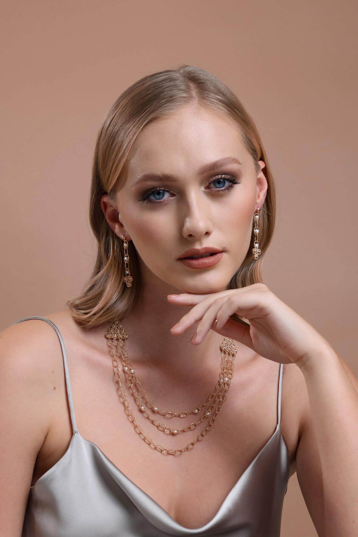 Dorica Bead 3 Row Natural Pearl Earring Necklace Double Set