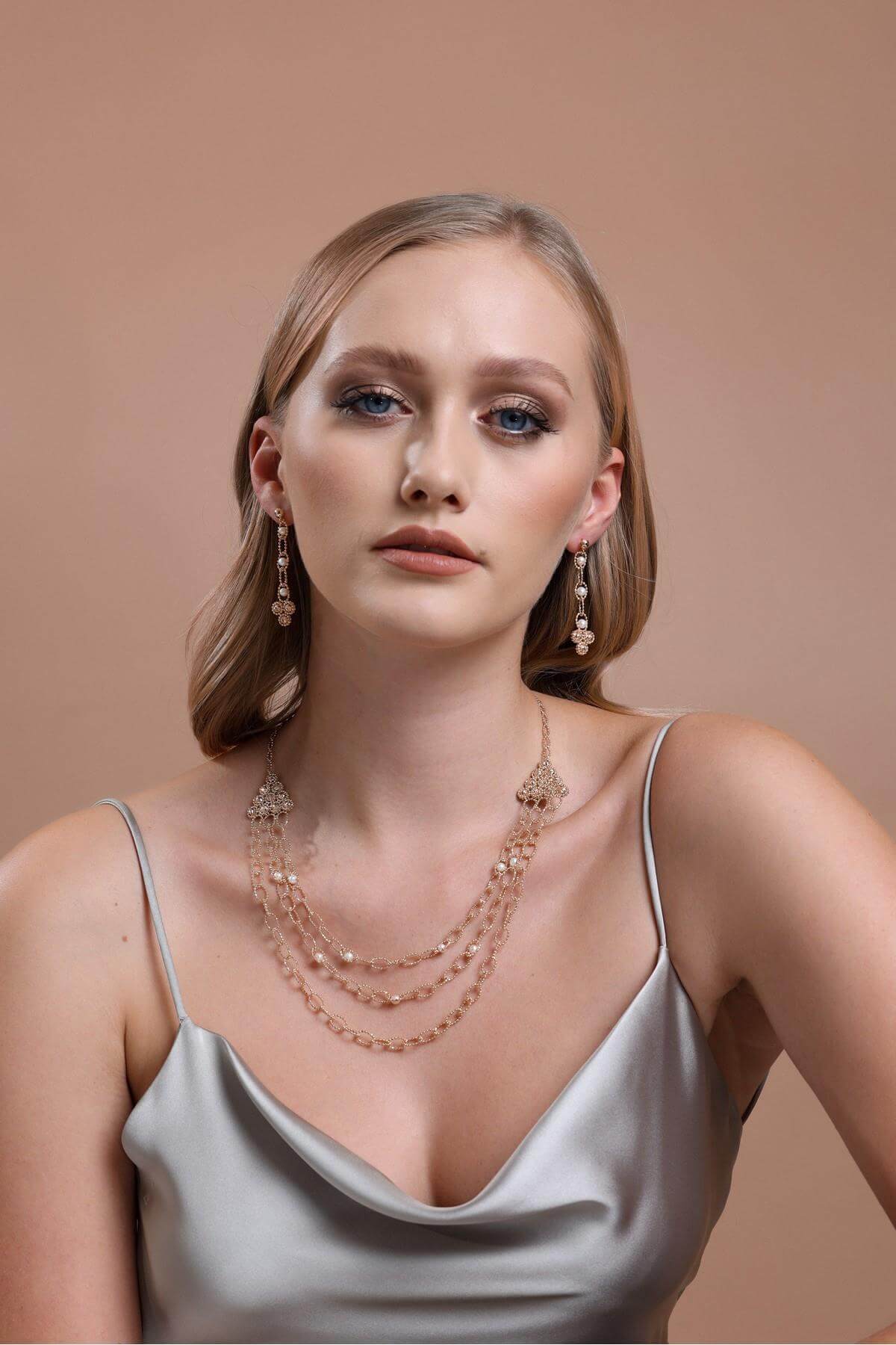 Dorica Bead 3 Row Natural Pearl Earring Necklace Double Set