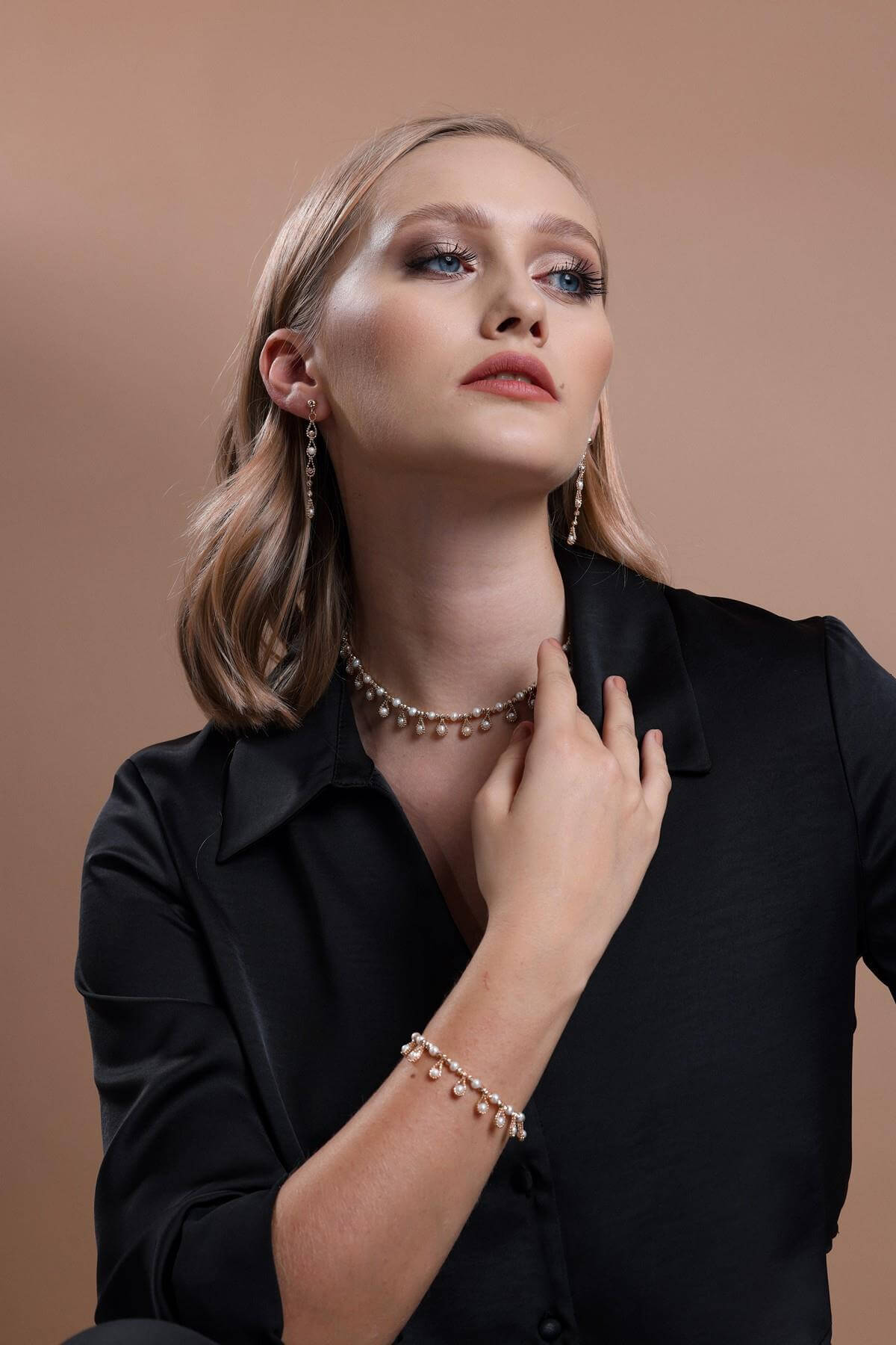 Dorica Bead Dangling Drop Natural Pearl Earring Necklace Bracelet Triple Set