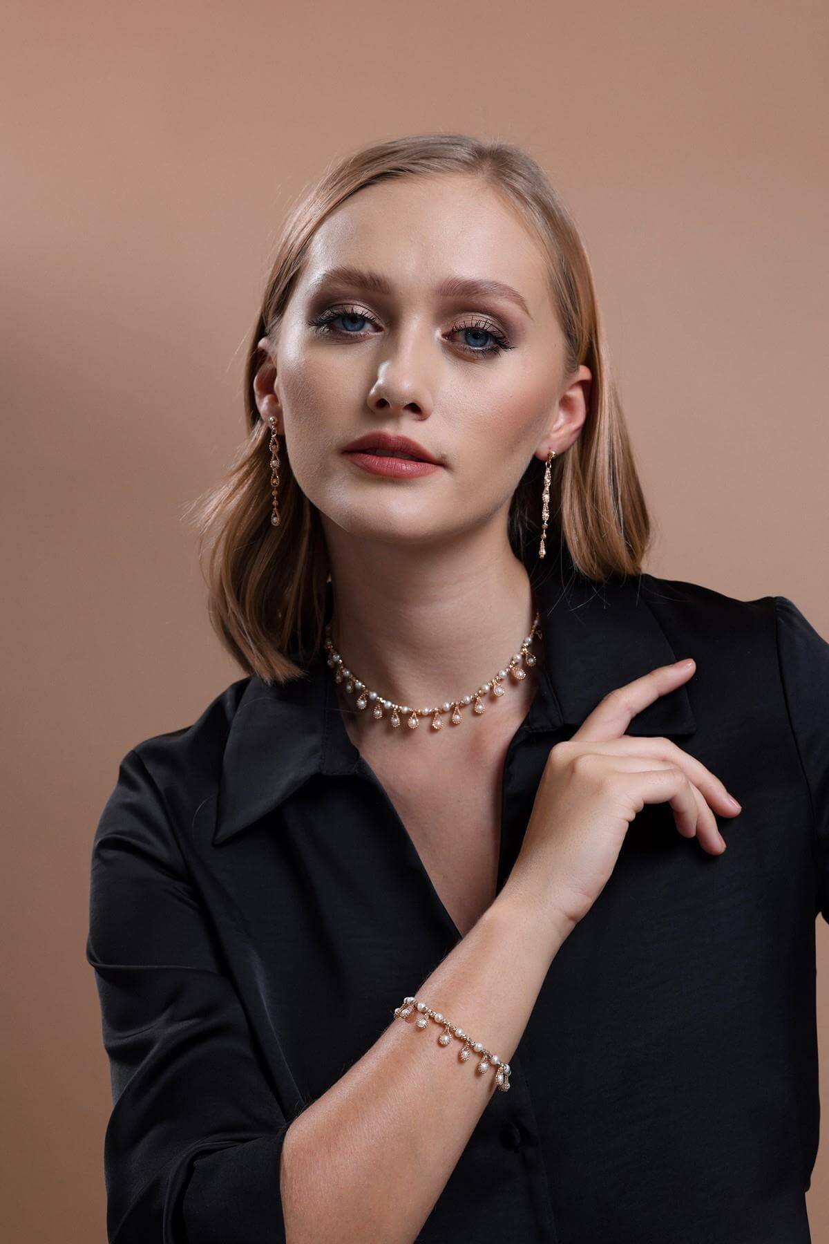 Dorica Bead Dangling Drop Natural Pearl Earring Necklace Bracelet Triple Set