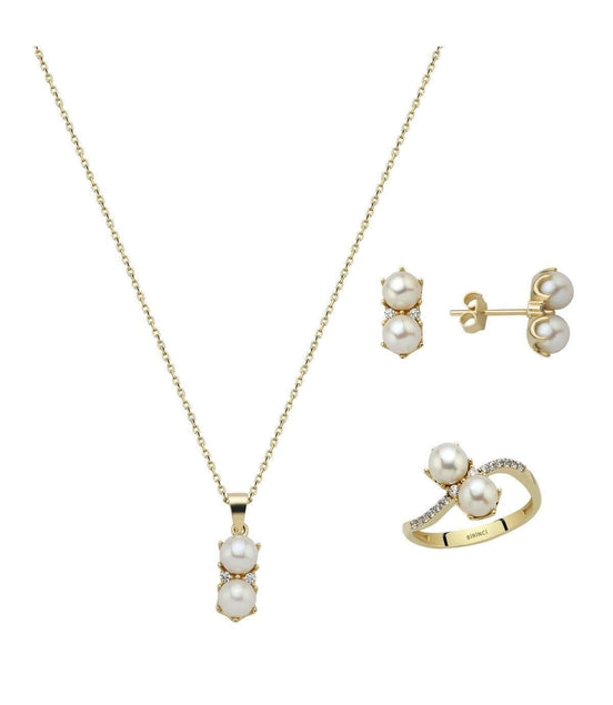 İkili İnci Küpe Kolye Yüzük Üçlü Set | | Birinci1926