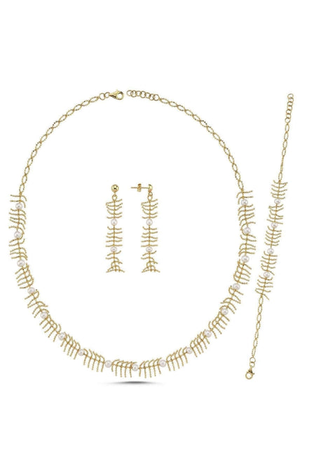 Bone Model Natural Pearl Earring Necklace Bracelet Triple Set