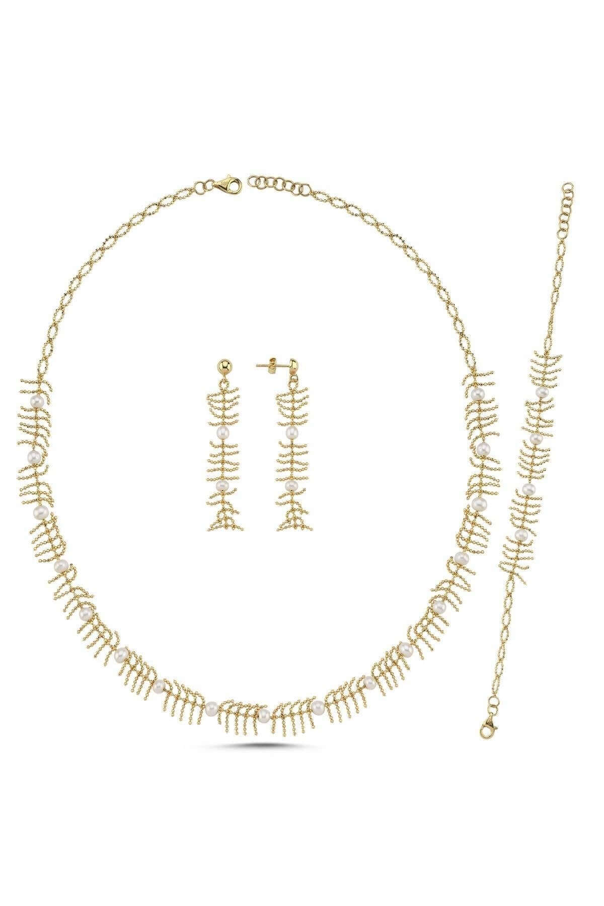 Bone Model Natural Pearl Earring Necklace Bracelet Triple Set