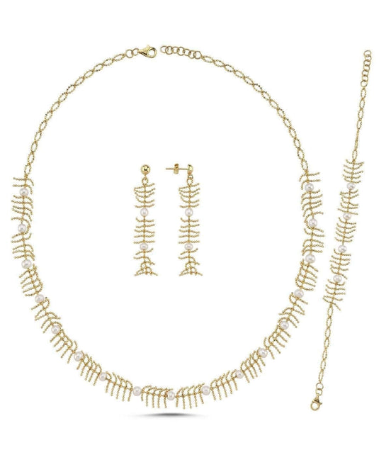 Bone Model Natural Pearl Earring Necklace Bracelet Triple Set