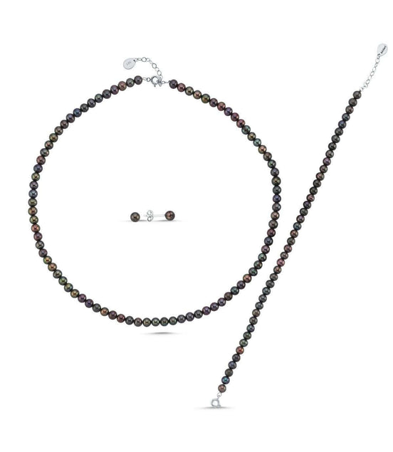 Siyah Doğal İnci Kolye Bileklik Küpe Üçlü Set | | Birinci1926