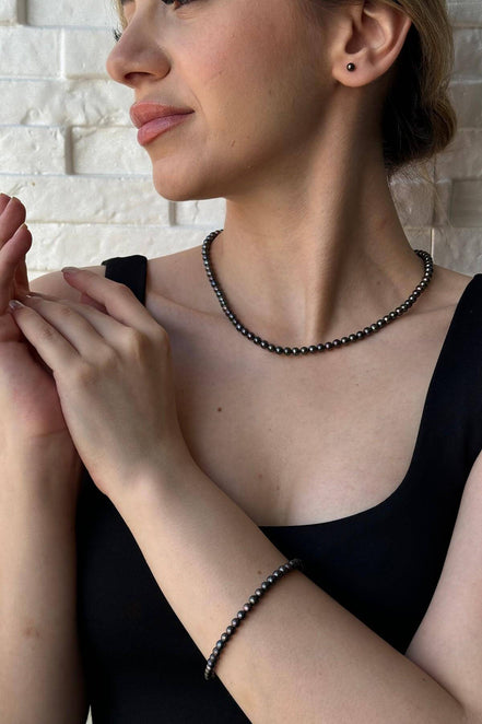 Siyah Doğal İnci Kolye Bileklik Küpe Üçlü Set | | Birinci1926