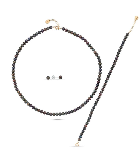 Siyah Doğal İnci Kolye Bileklik Küpe Üçlü Set | | Birinci1926