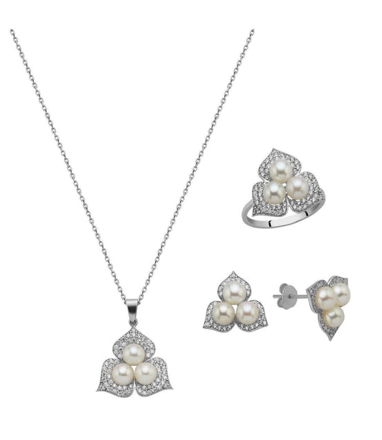 Zirkon Taşlı Doğal İncili Küpe Kolye Yüzük Üçlü Set | | Birinci1926