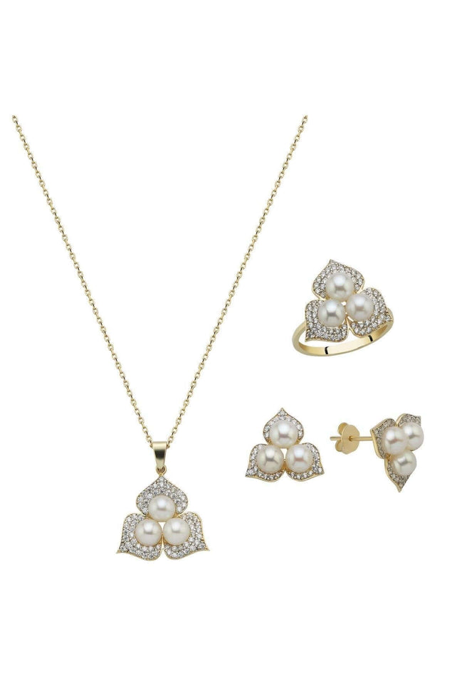 Zirkon Taşlı Doğal İncili Küpe Kolye Yüzük Üçlü Set | | Birinci1926