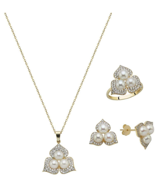 Zirkon Taşlı Doğal İncili Küpe Kolye Yüzük Üçlü Set | | Birinci1926