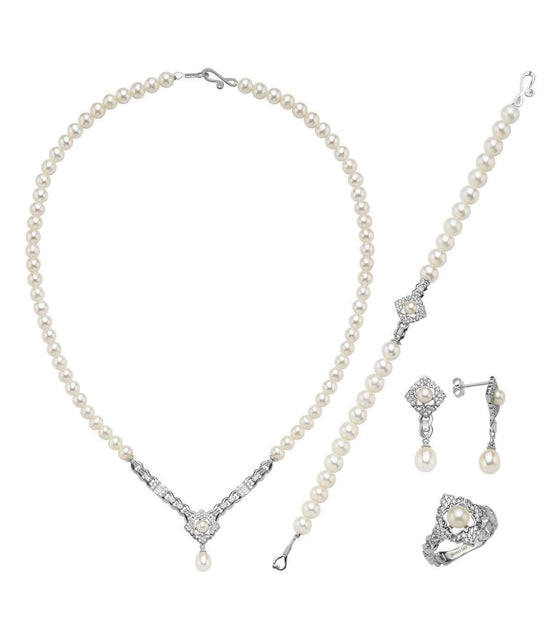 Baget Taşlı Doğal İnci Küpe Kolye Bileklik Yüzük Dörtlü Set | | Birinci1926