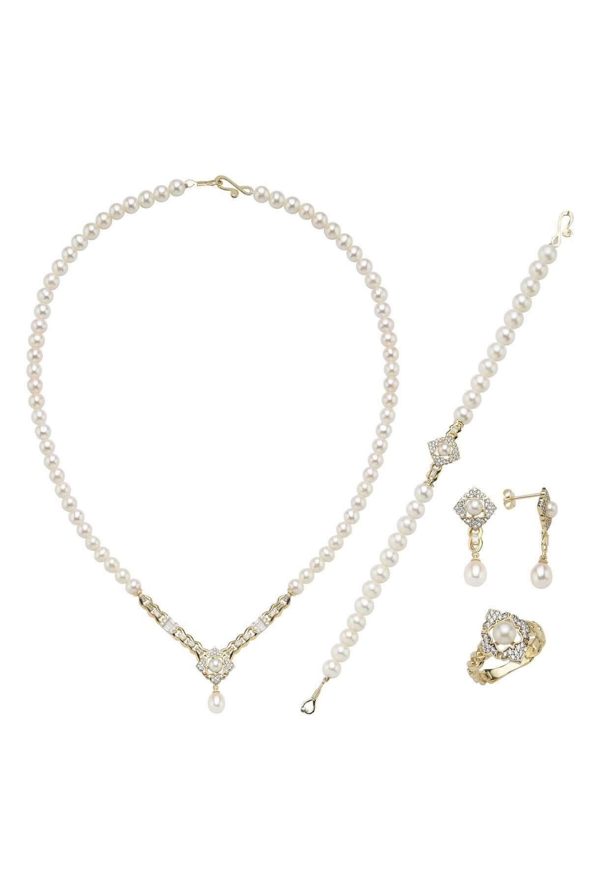 Baget Taşlı Doğal İnci Küpe Kolye Bileklik Yüzük Dörtlü Set | | Birinci1926