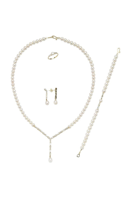 Baget Zirkon Taşlı Doğal İnci Küpe Kolye Bileklik Yüzük Dörtlü Set | | Birinci1926