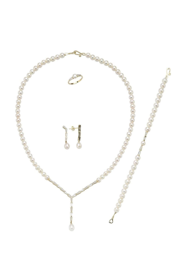 Baget Zirkon Taşlı Doğal İnci Küpe Kolye Bileklik Yüzük Dörtlü Set | | Birinci1926