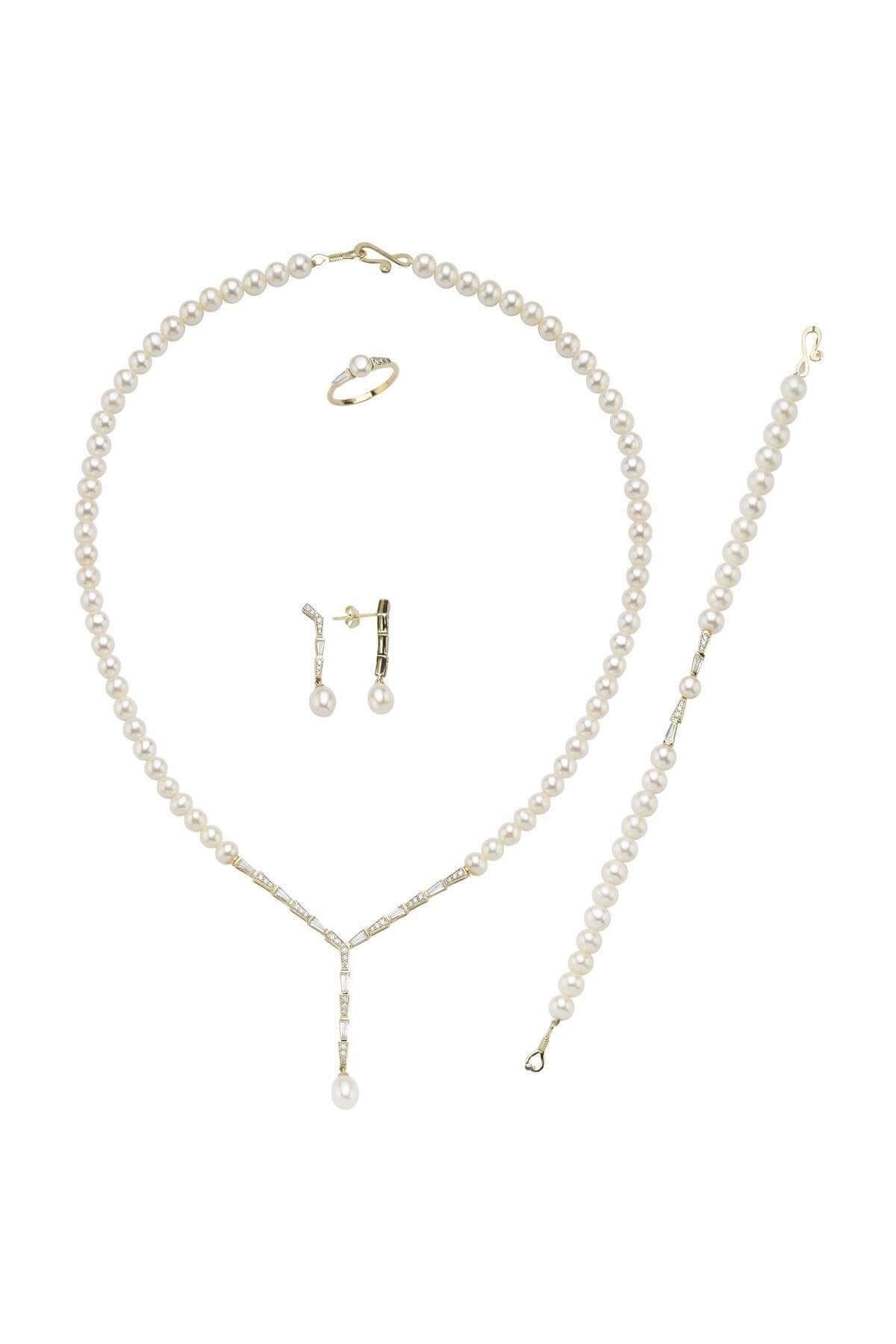 Baget Zirkon Taşlı Doğal İnci Küpe Kolye Bileklik Yüzük Dörtlü Set | | Birinci1926