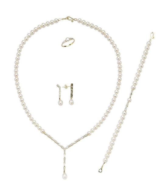 Baget Zirkon Taşlı Doğal İnci Küpe Kolye Bileklik Yüzük Dörtlü Set | | Birinci1926