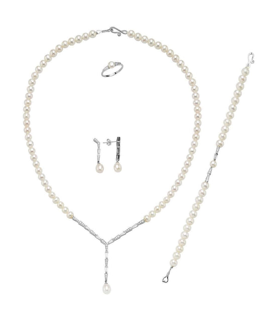 Baget Zirkon Taşlı Doğal İnci Küpe Kolye Bileklik Yüzük Dörtlü Set | | Birinci1926