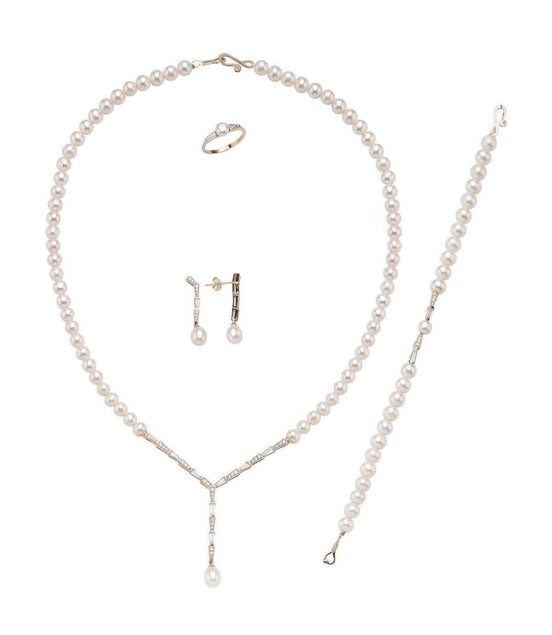 Baget Zirkon Taşlı Doğal İnci Küpe Kolye Bileklik Yüzük Dörtlü Set | | Birinci1926