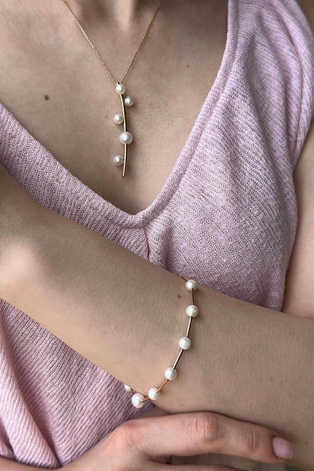 Rod Above Five Natural Pearl Necklace Bracelet Double Set