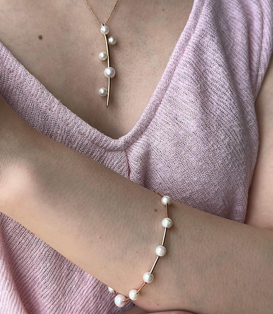 Rod Above Five Natural Pearl Necklace Bracelet Double Set