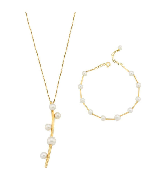 Rod Above Five Natural Pearl Necklace Bracelet Double Set