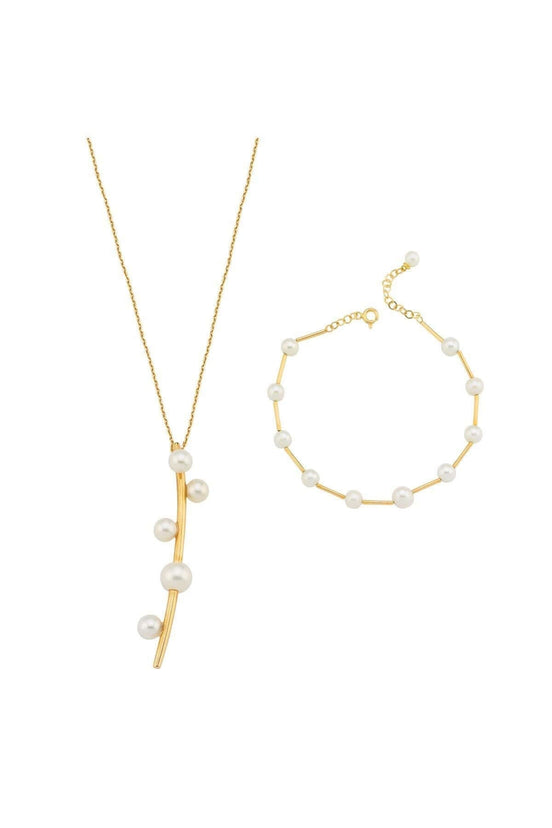 Rod Above Five Natural Pearl Necklace Bracelet Double Set