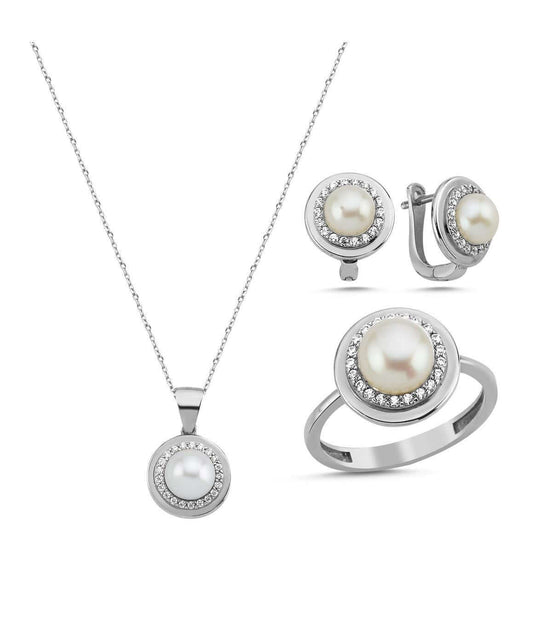 Doğal İnci Küpe Kolye Yüzük Üçlü Set | | Birinci1926