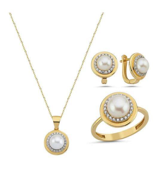 Doğal İnci Küpe Kolye Yüzük Üçlü Set | | Birinci1926