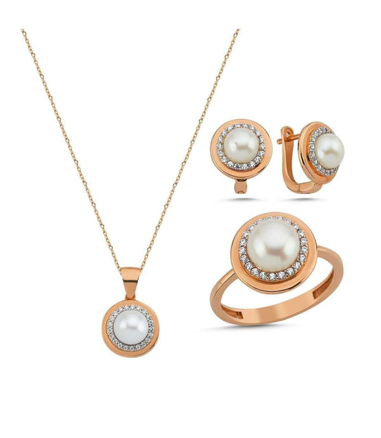 Doğal İnci Küpe Kolye Yüzük Üçlü Set | | Birinci1926