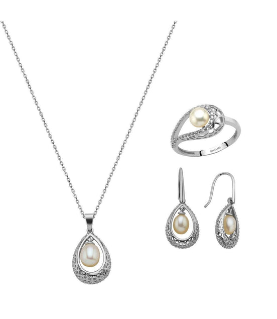 Doğal İncili Küpe Kolye Yüzük Üçlü Set | | Birinci1926