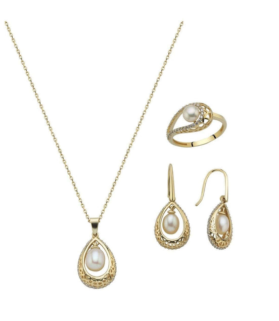 Doğal İncili Küpe Kolye Yüzük Üçlü Set | | Birinci1926