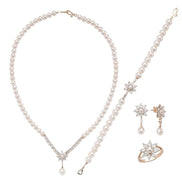 Daisy Design Natural Pearl Earring Necklace Bracelet Ring Quadruple Set