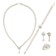 Daisy Design Natural Pearl Earring Necklace Bracelet Ring Quadruple Set