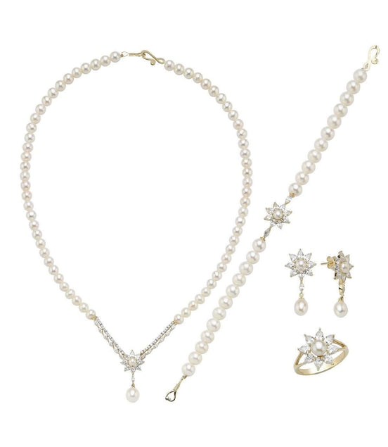Daisy Design Natural Pearl Earring Necklace Bracelet Ring Quadruple Set
