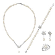 Daisy Design Natural Pearl Earring Necklace Bracelet Ring Quadruple Set