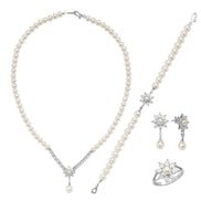 Daisy Design Natural Pearl Earring Necklace Bracelet Ring Quadruple Set