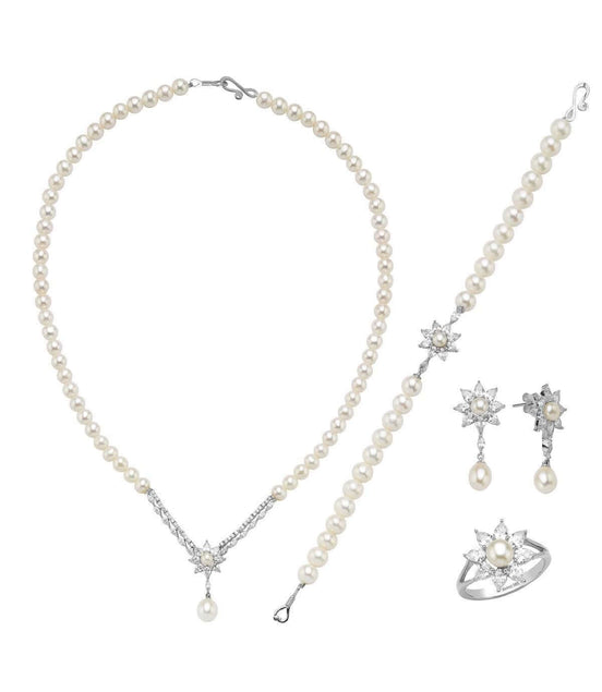 Daisy Design Natural Pearl Earring Necklace Bracelet Ring Quadruple Set