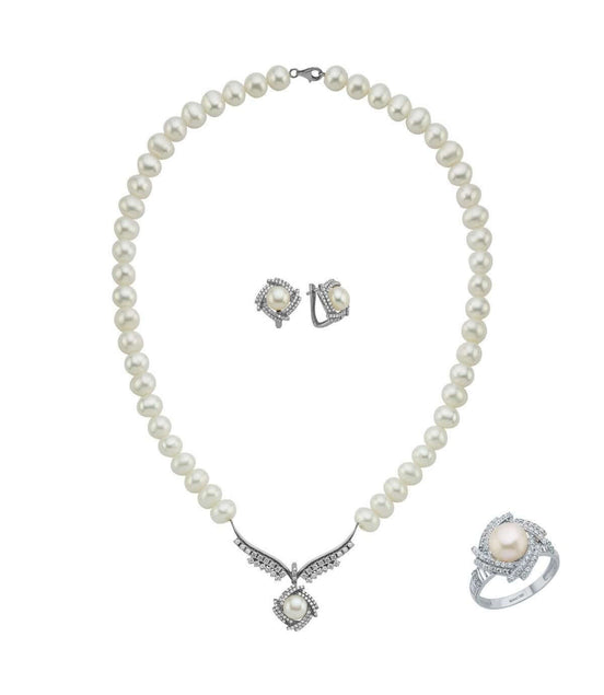 Rüzgar Gülü Doğal İnci Küpe Kolye Yüzük Üçlü Set | | Birinci1926