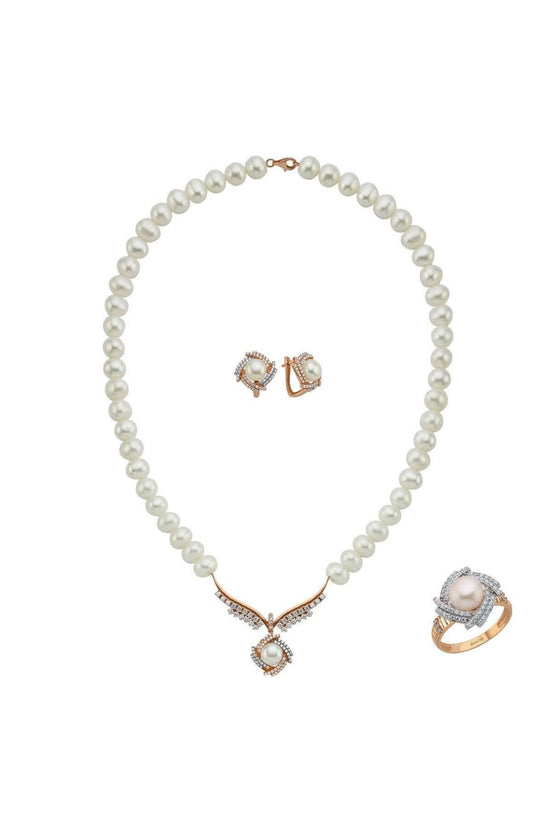 Rüzgar Gülü Doğal İnci Küpe Kolye Yüzük Üçlü Set | | Birinci1926