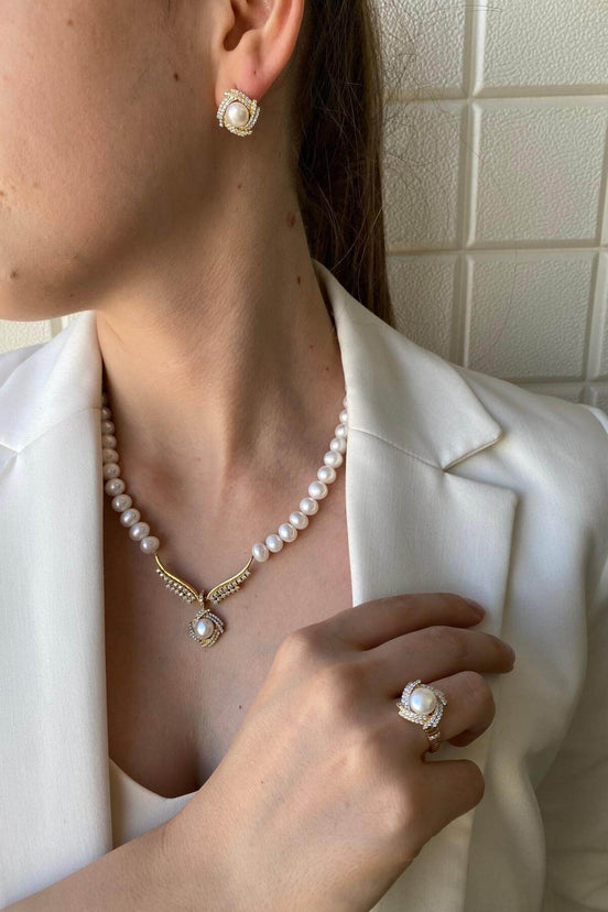 Rüzgar Gülü Doğal İnci Küpe Kolye Yüzük Üçlü Set | | Birinci1926