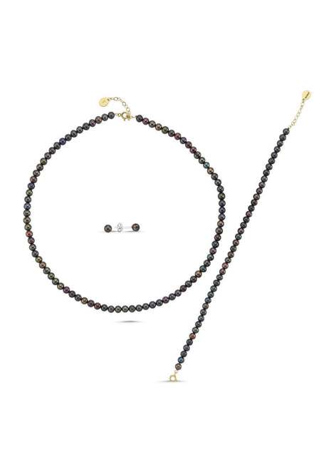 Black Pearl Earring Necklace Bracelet Triple Set