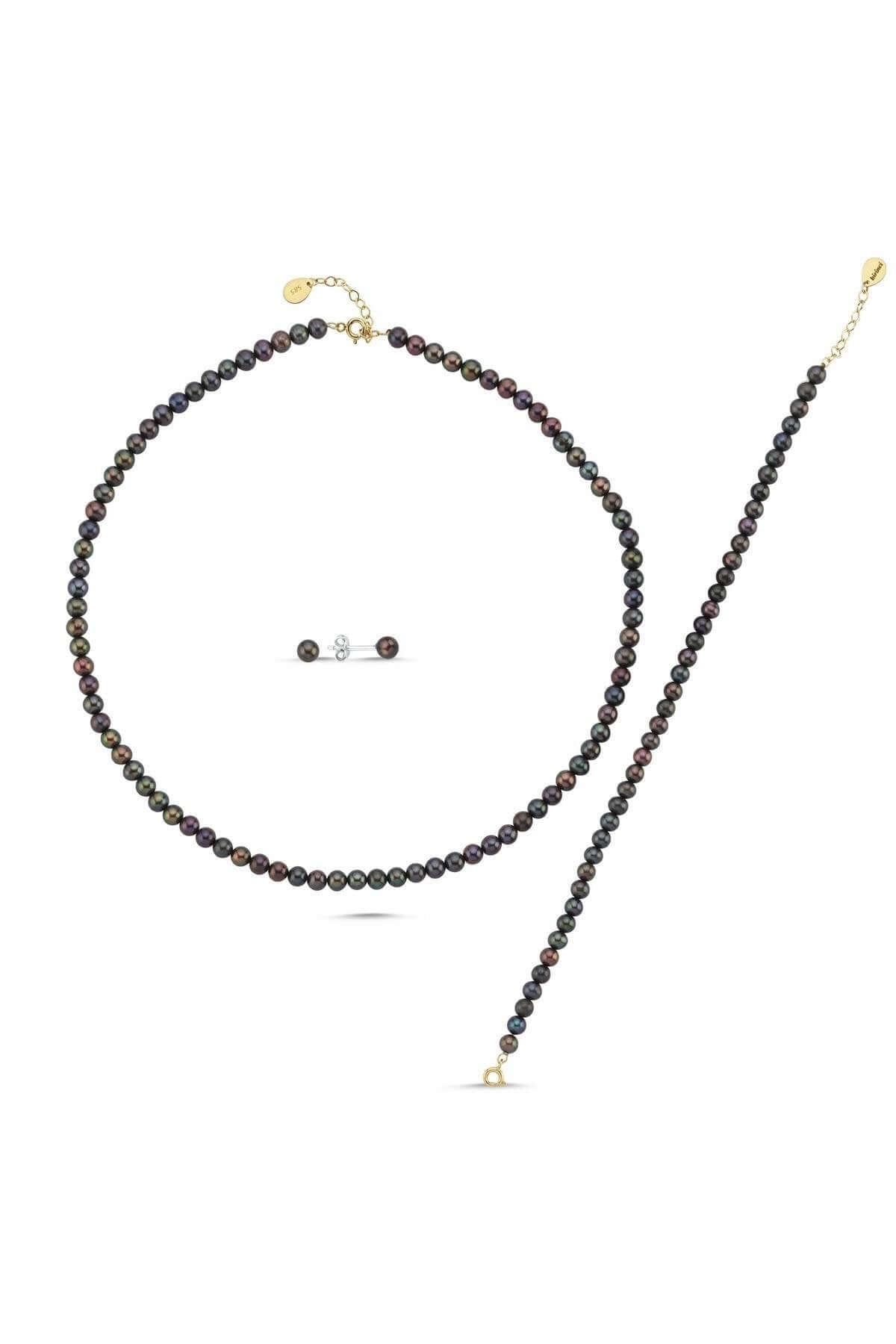 Black Pearl Earring Necklace Bracelet Triple Set