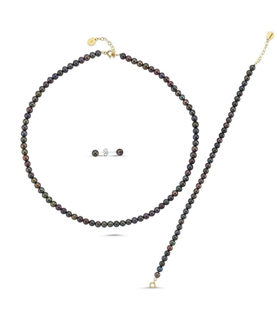 Black Pearl Earring Necklace Bracelet Triple Set