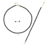 Black Pearl Earring Necklace Bracelet Triple Set