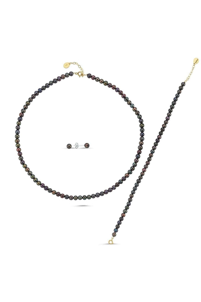 Black Pearl Earring Necklace Bracelet Triple Set
