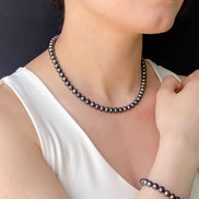 Black Pearl Earring Necklace Bracelet Triple Set