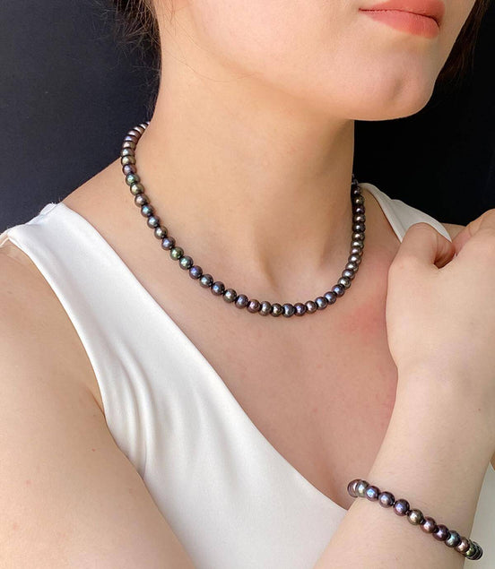 Siyah İnci Küpe Kolye Bileklik Üçlü Set | | Birinci1926