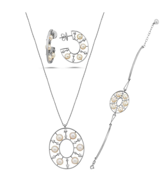 Designed Natural Pearl Earring Necklace Bracelet Triple Set